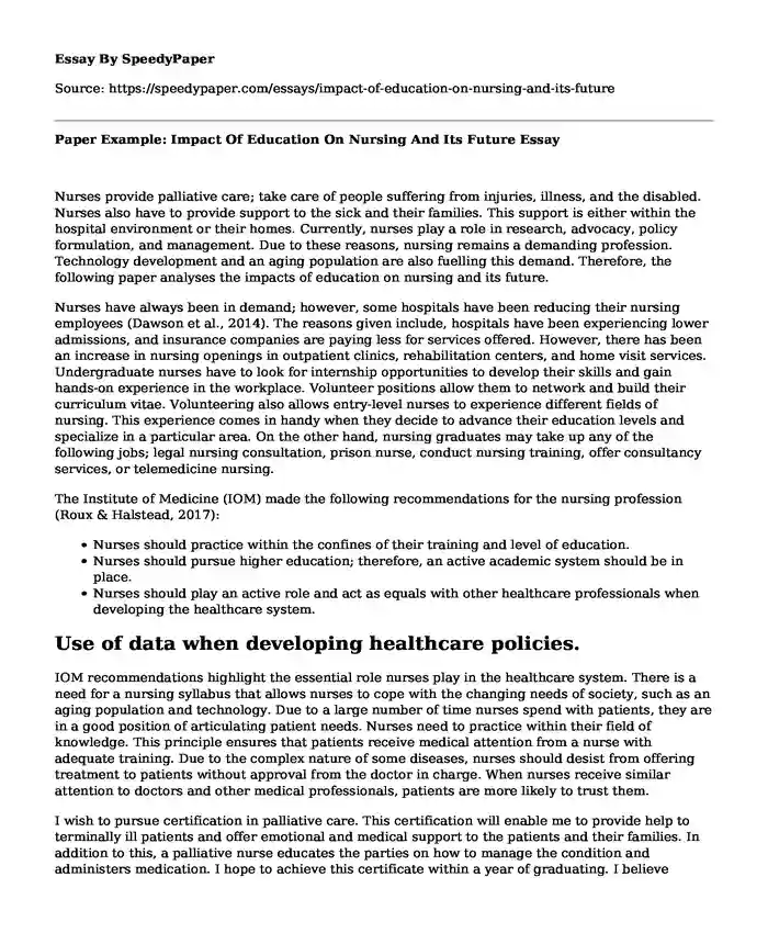 Paper Example: Impact Of Education On Nursing And Its Future