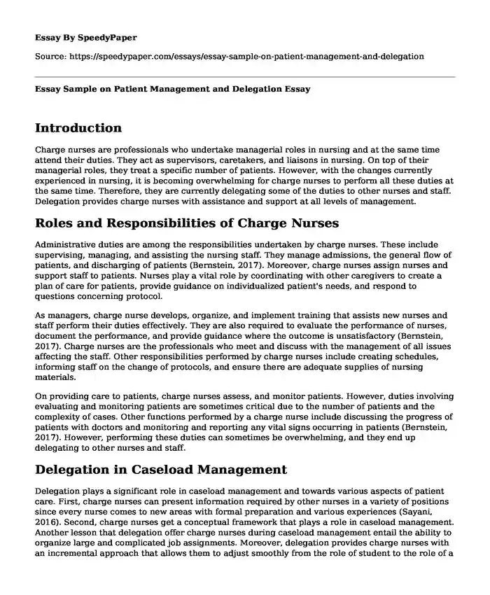 Essay Sample on Patient Management and Delegation