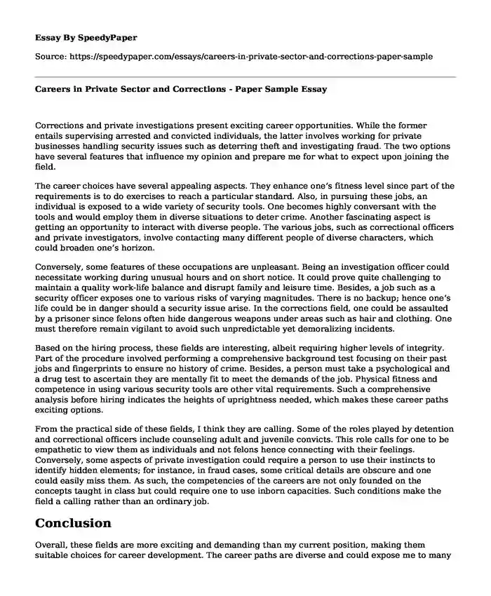 Careers in Private Sector and Corrections - Paper Sample