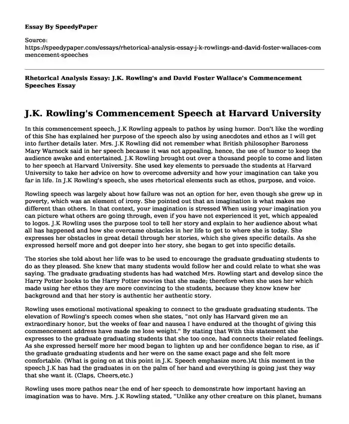 Rhetorical Analysis Essay: J.K. Rowling's and David Foster Wallace's Commencement Speeches