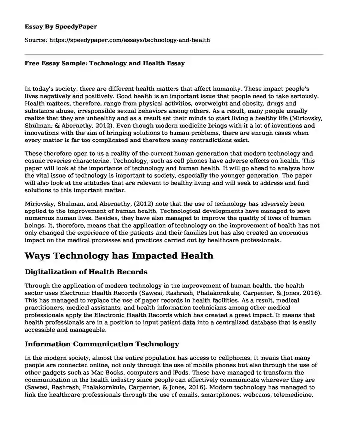 Free Essay Sample: Technology and Health