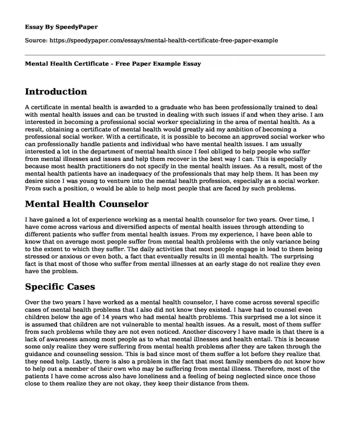 Mental Health Certificate - Free Paper Example