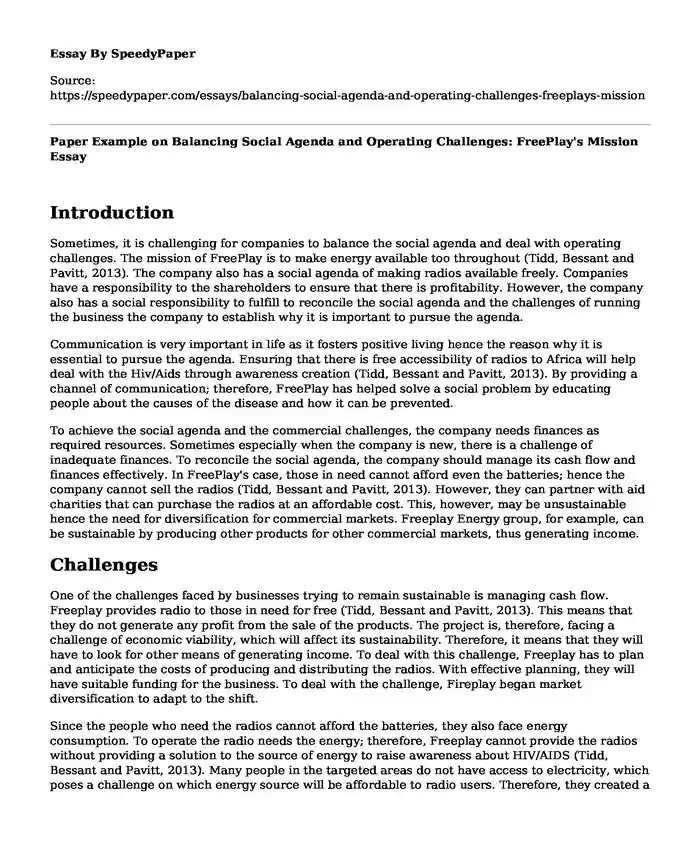 Paper Example on Balancing Social Agenda and Operating Challenges: FreePlay's Mission