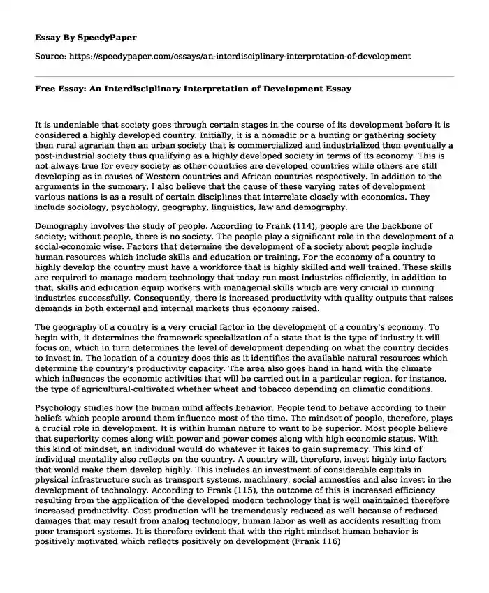 Free Essay: An Interdisciplinary Interpretation of Development