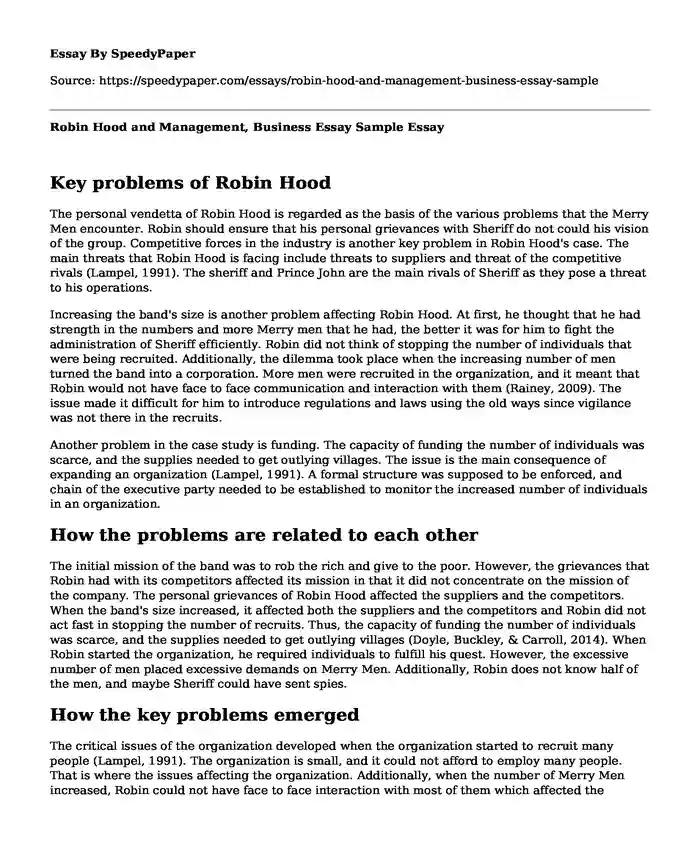 Robin Hood and Management, Business Essay Sample