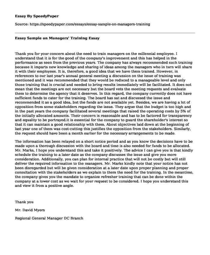 Essay Sample on Managers' Training