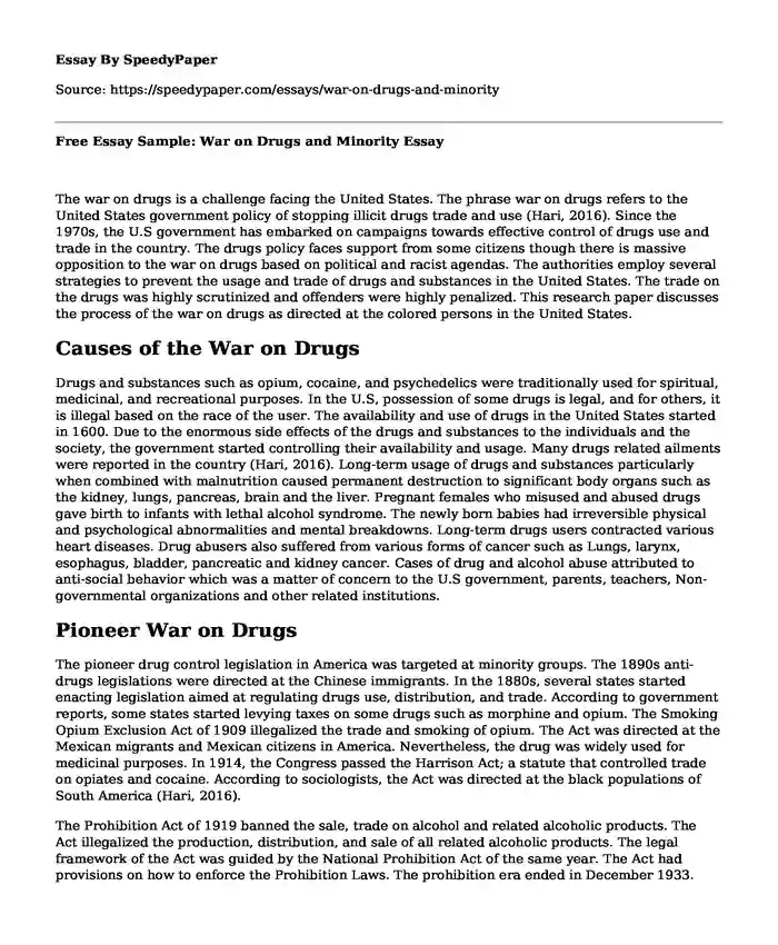 Free Essay Sample: War on Drugs and Minority