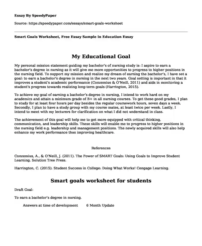 Smart Goals Worksheet, Free Essay Sample in Education