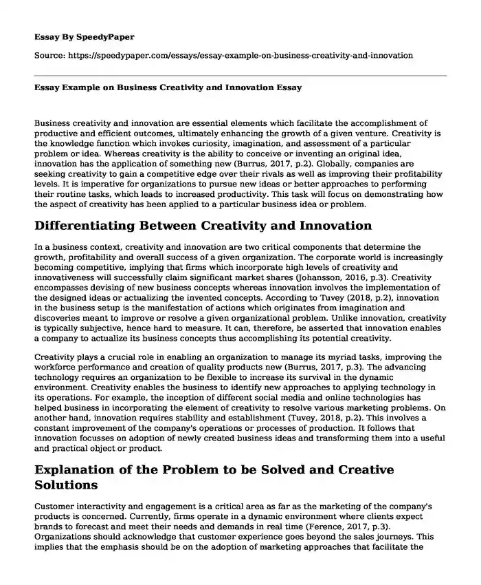 Essay Example on Business Creativity and Innovation
