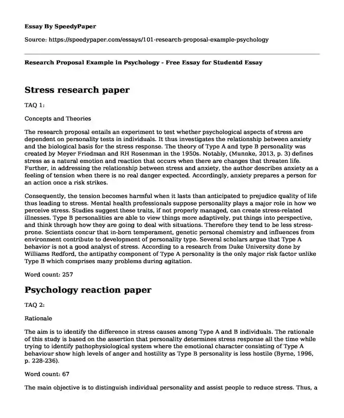 Research Proposal Example in Psychology - Free Essay for Studentd