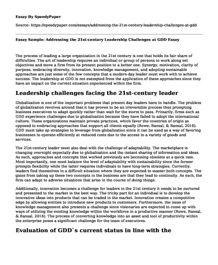 Essay Sample: Addressing the 21st-century Leadership Challenges at GDD