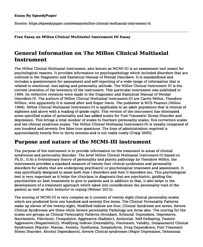 Free Essay on Millon Clinical Multiaxial Instrument III