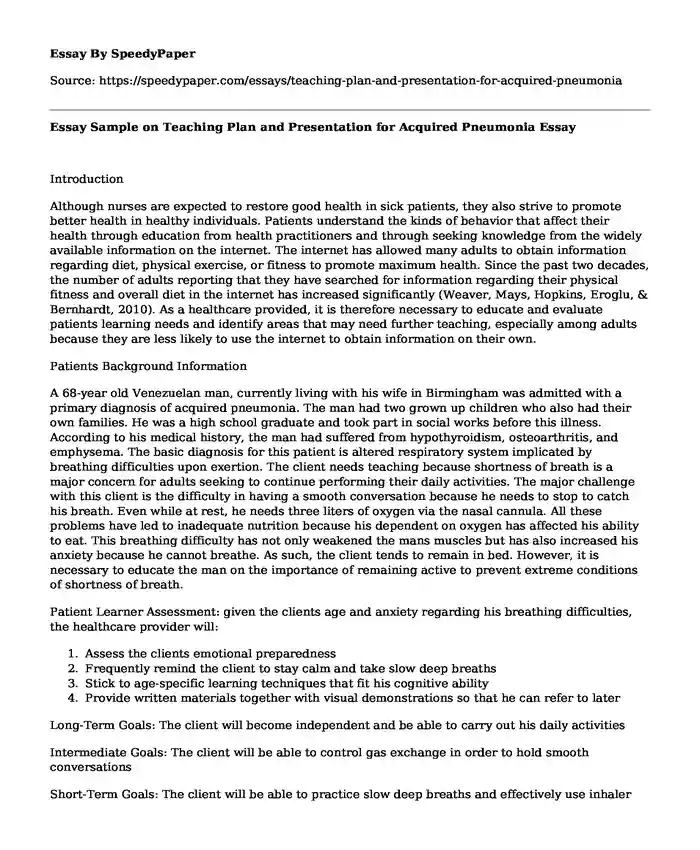 Essay Sample on Teaching Plan and Presentation for Acquired Pneumonia