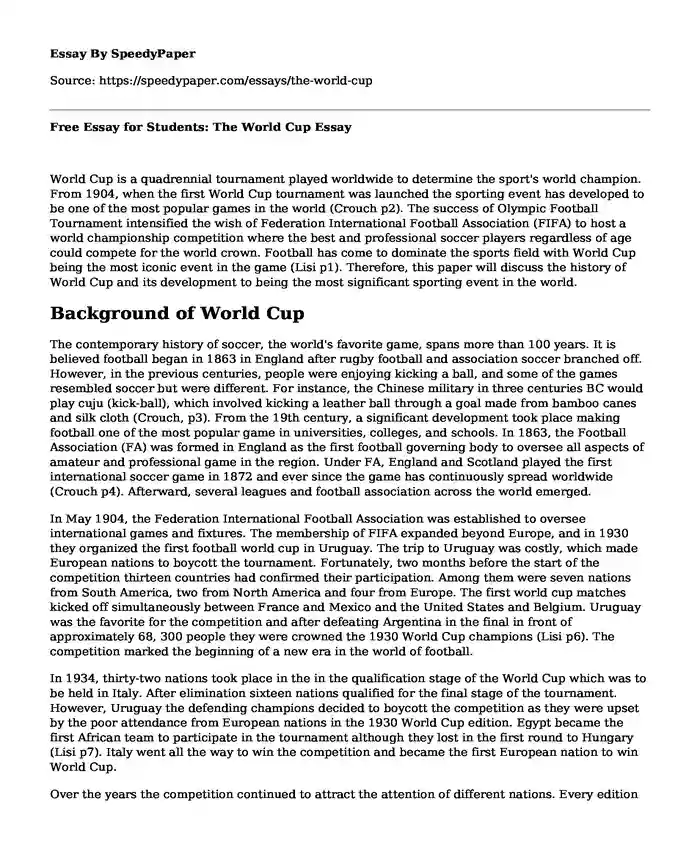 Free Essay for Students: The World Cup