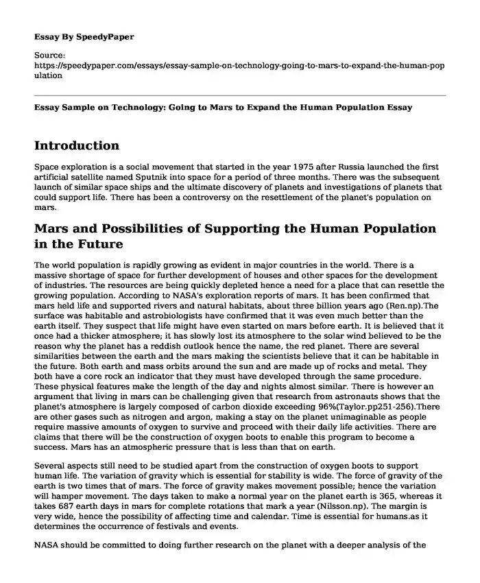 Essay Sample on Technology: Going to Mars to Expand the Human Population