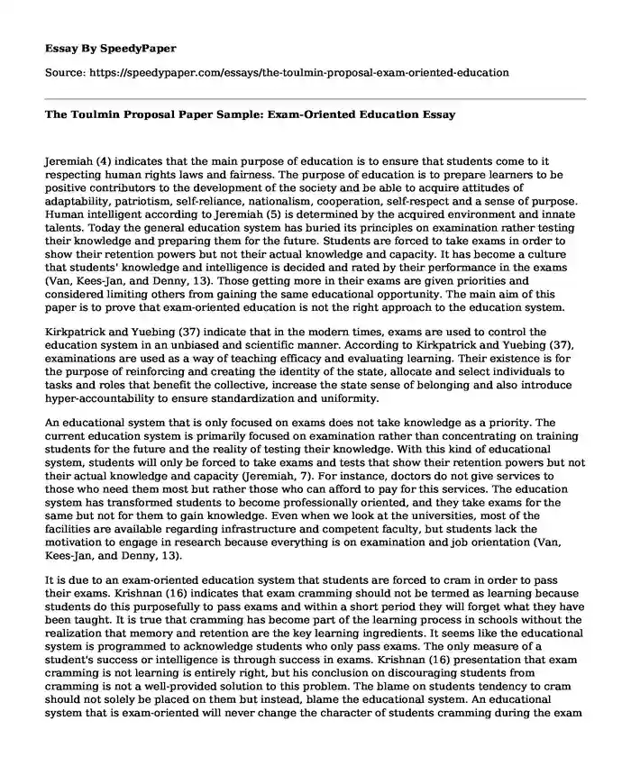 The Toulmin Proposal Paper Sample: Exam-Oriented Education