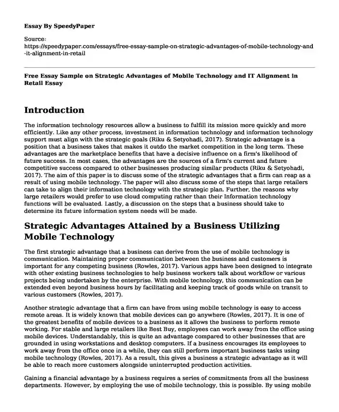 Free Essay Sample on Strategic Advantages of Mobile Technology and IT Alignment in Retail