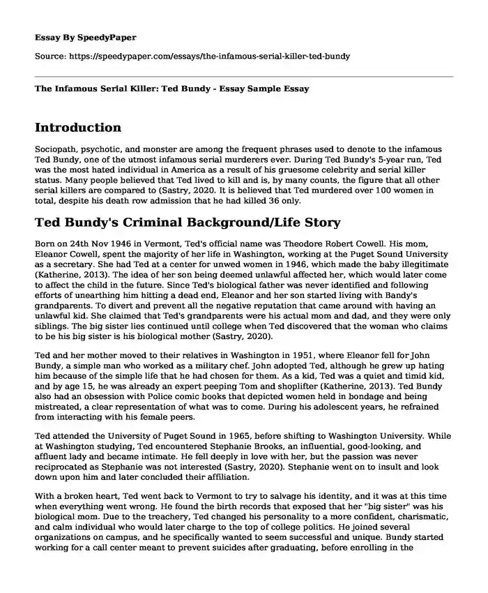 The Infamous Serial Killer: Ted Bundy - Essay Sample