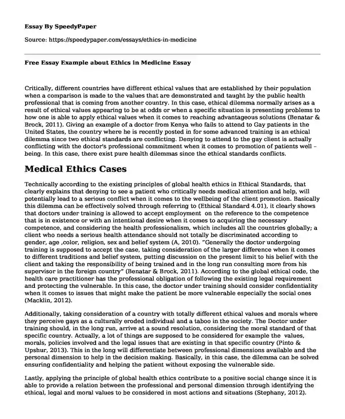 Free Essay Example about Ethics in Medicine