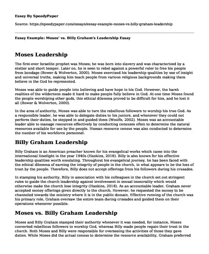 Essay Example: Moses' vs. Billy Graham's Leadership