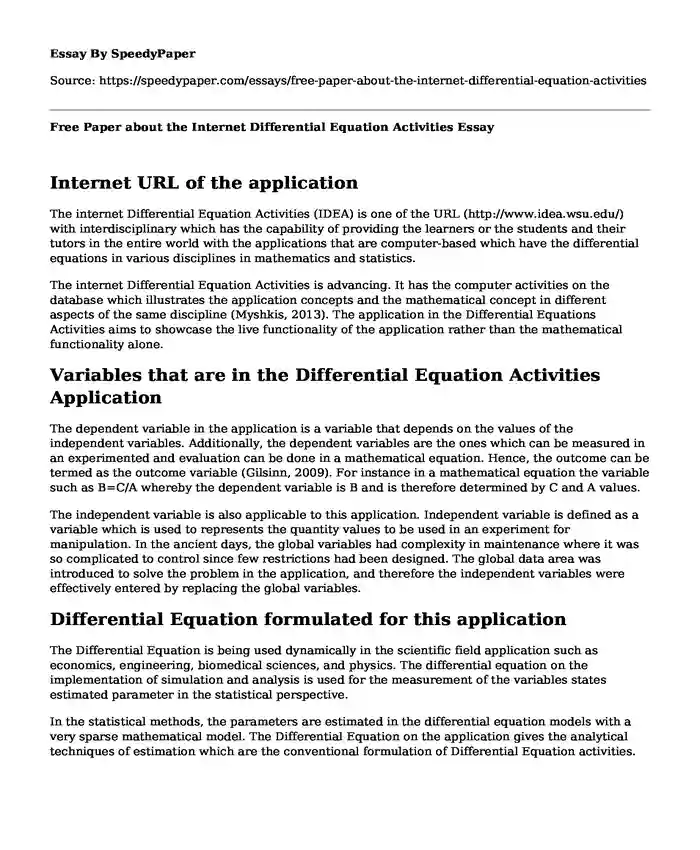 Free Paper about the Internet Differential Equation Activities