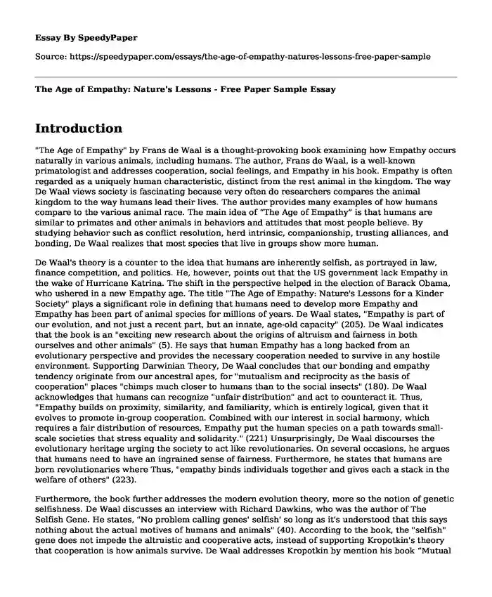 The Age of Empathy: Nature's Lessons - Free Paper Sample