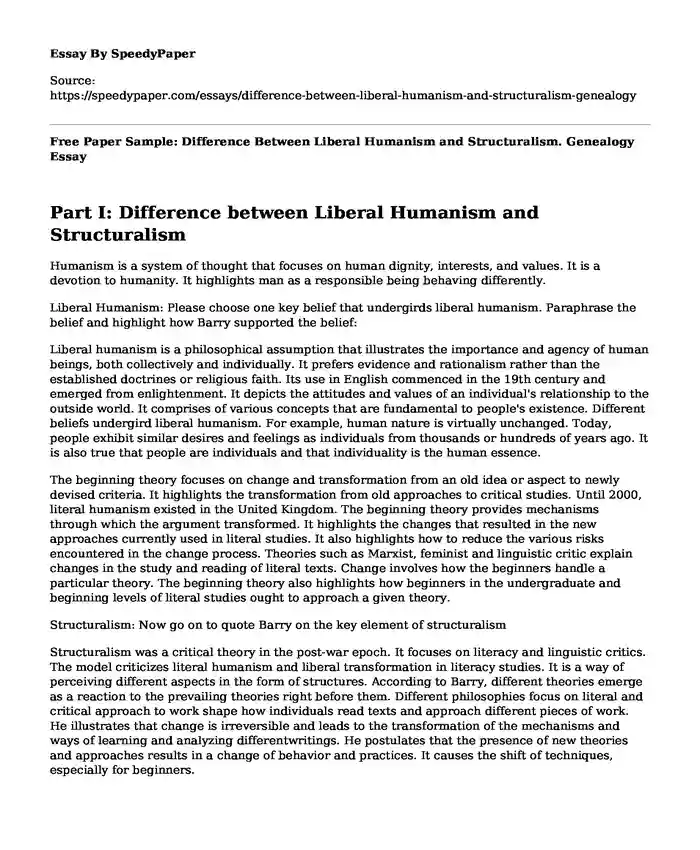 Free Paper Sample: Difference Between Liberal Humanism and Structuralism. Genealogy