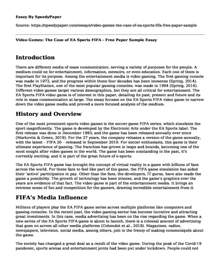 Video Games: The Case of EA Sports FIFA - Free Paper Sample