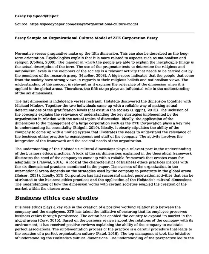 Essay Sample on Organizational Culture Model of ZTE Corporation