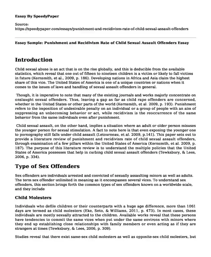 Essay Sample: Punishment and Recidivism Rate of Child Sexual Assault Offenders