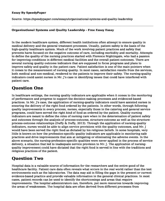 Organizational Systems and Quality Leadership - Free Essay