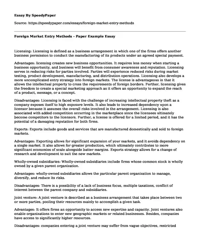 Foreign Market Entry Methods - Paper Example