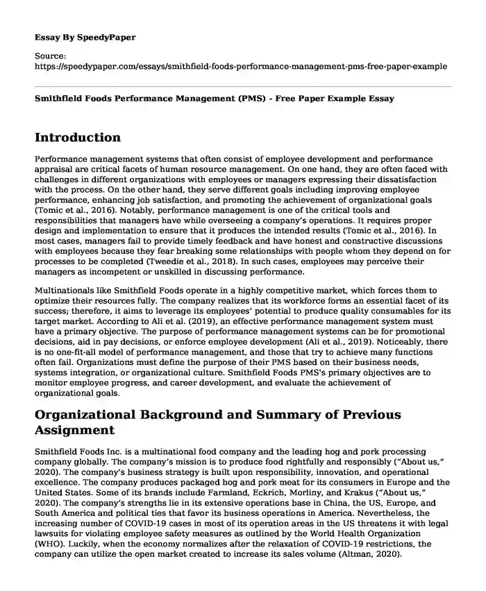 Smithfield Foods Performance Management (PMS) - Free Paper Example
