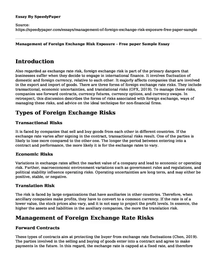 Management of Foreign Exchange Risk Exposure - Free paper Sample