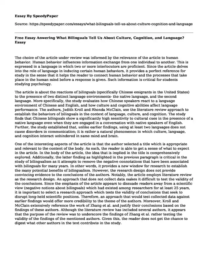 Free Essay Anwering What Bilinguals Tell Us About Culture, Cognition, and Language?