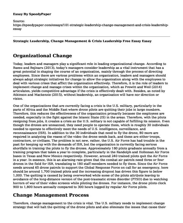Strategic Leadership, Change Management & Crisis Leadership Free Essay
