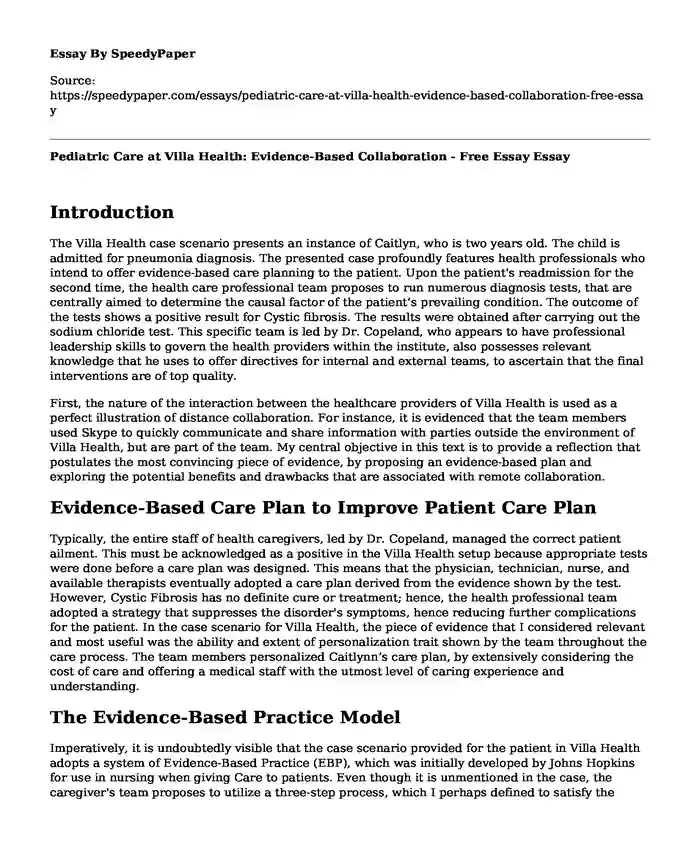 Pediatric Care at Villa Health: Evidence-Based Collaboration - Free Essay