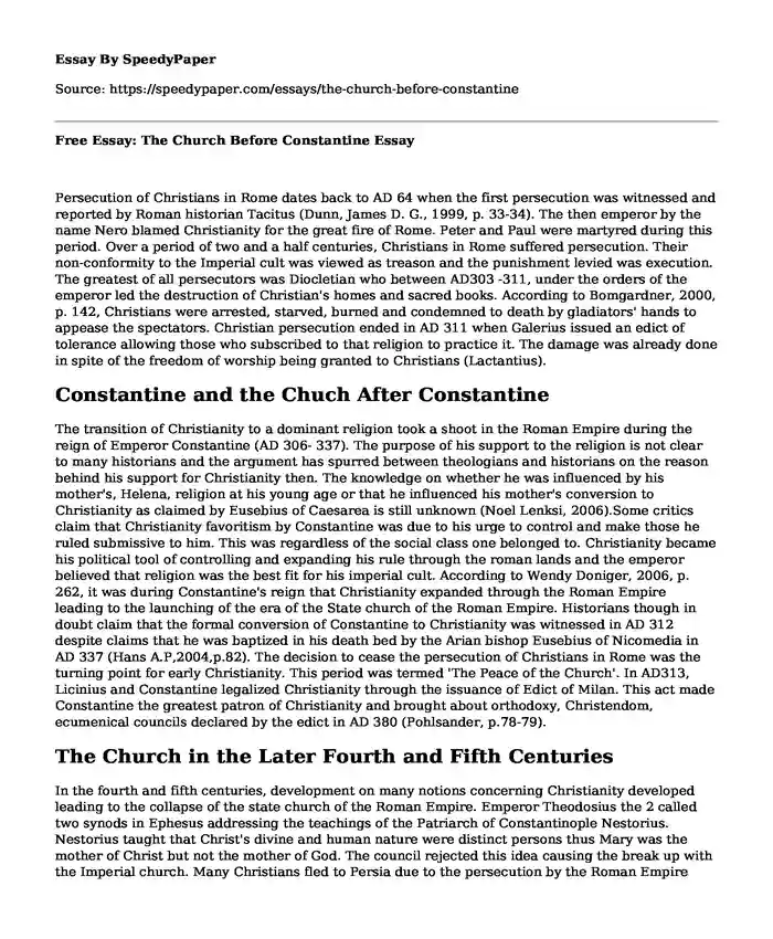 Free Essay: The Church Before Constantine