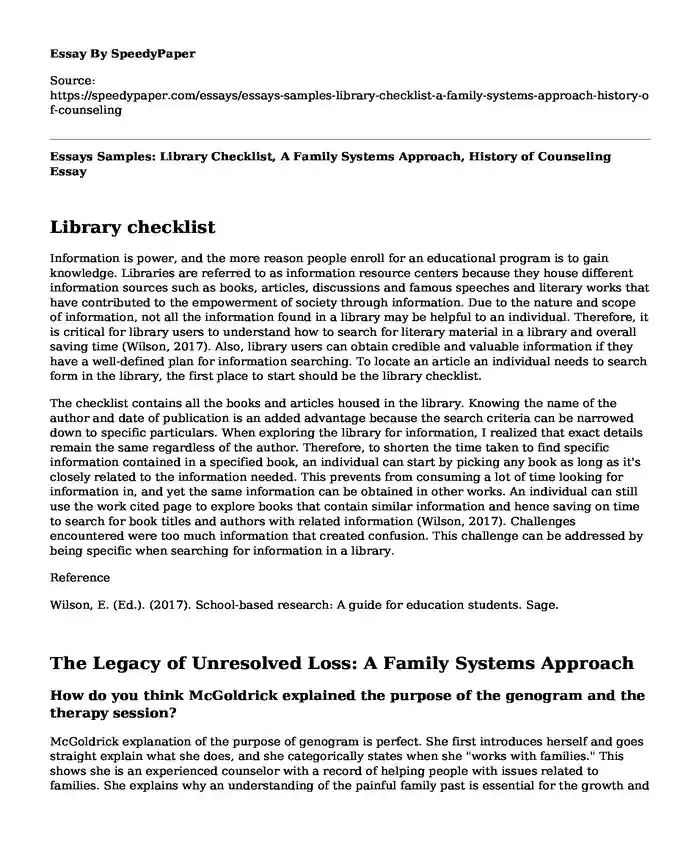 Essays Samples: Library Checklist, A Family Systems Approach, History of Counseling