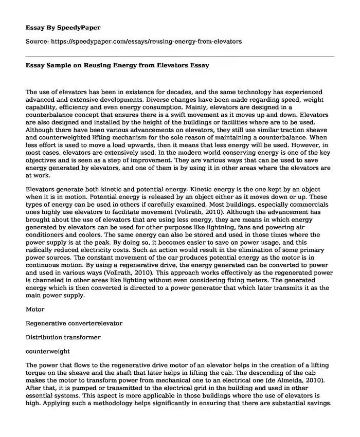 Essay Sample on Reusing Energy from Elevators