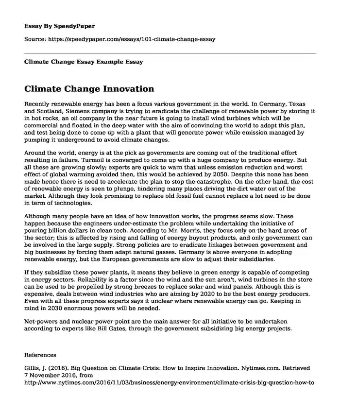 Climate Change Essay Example