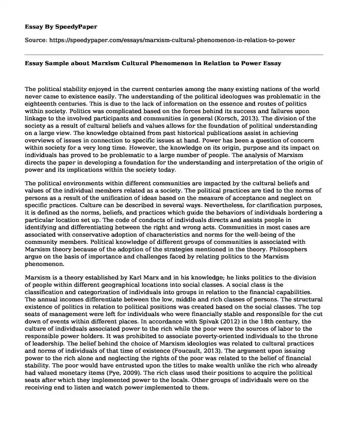 Essay Sample about Marxism Cultural Phenomenon in Relation to Power