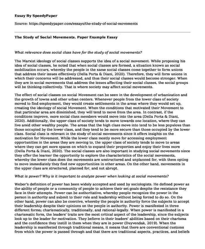 The Study of Social Movements. Paper Example