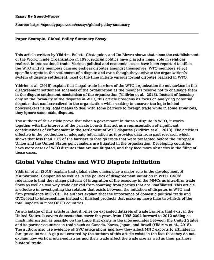 Paper Example. Global Policy Summary