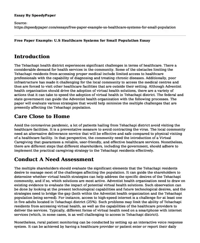 Free Paper Example: U.S Healthcare Systems for Small Population