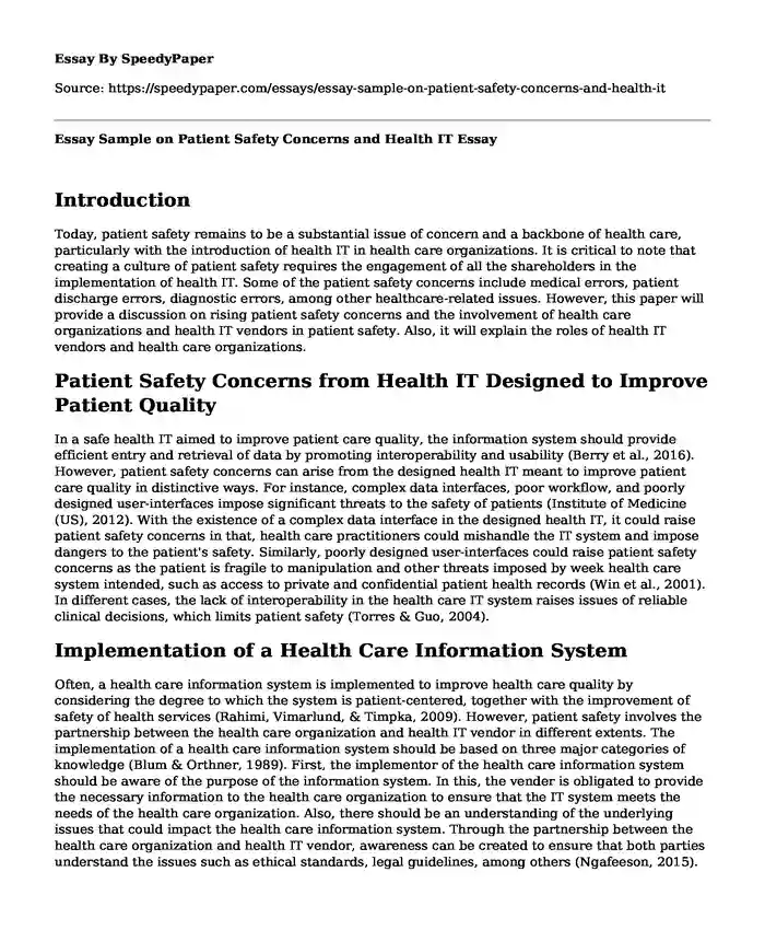 Essay Sample on Patient Safety Concerns and Health IT