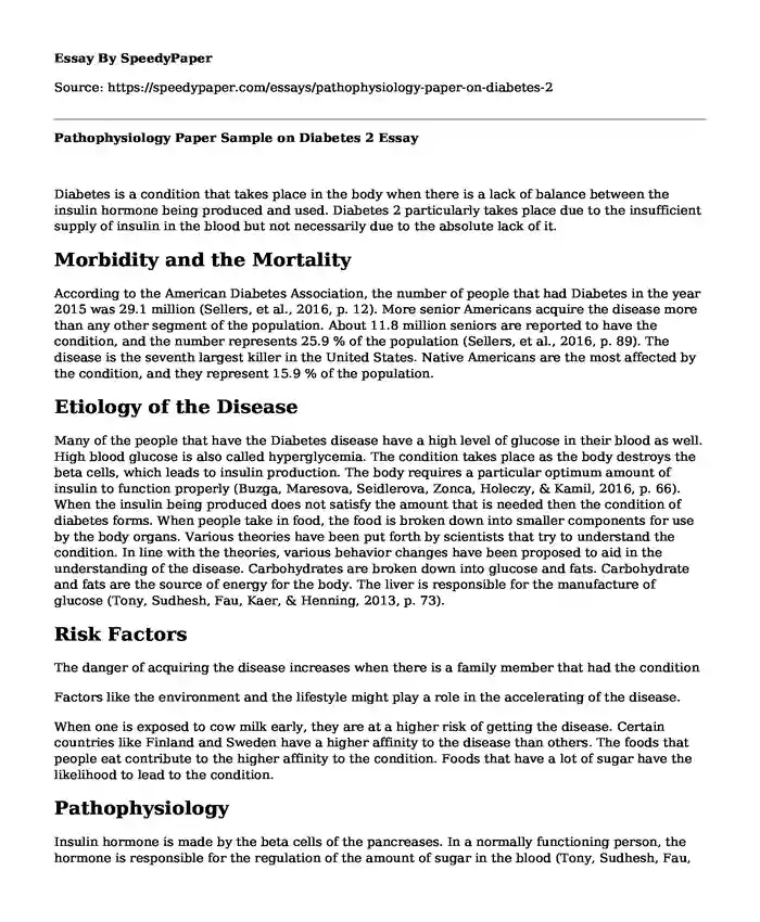 Pathophysiology Paper Sample on Diabetes 2