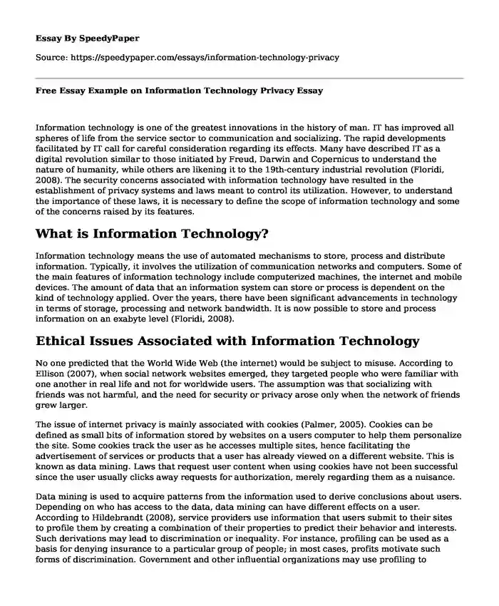 Free Essay Example on Information Technology Privacy