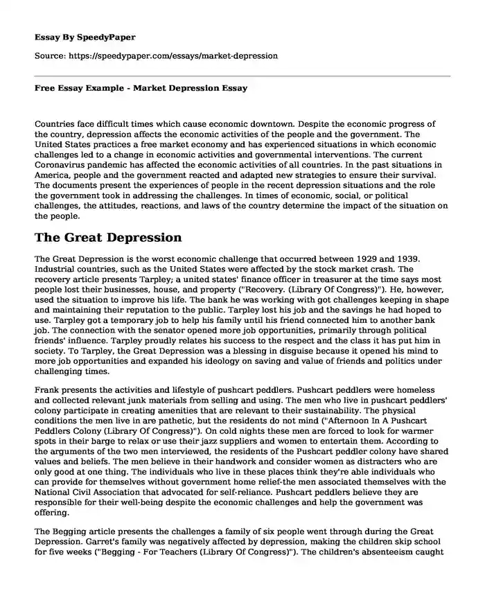 Free Essay Example - Market Depression