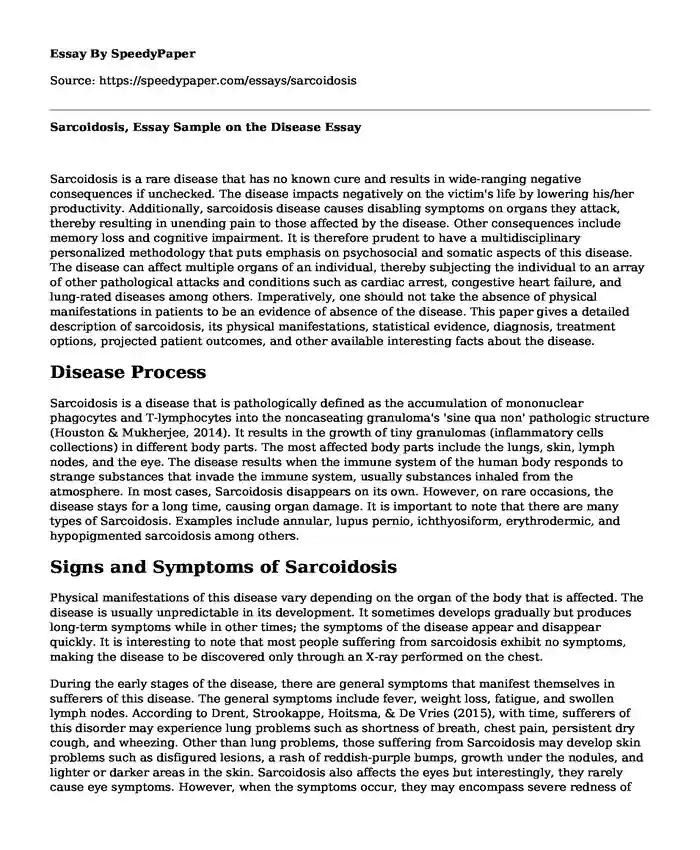 Sarcoidosis, Essay Sample on the Disease